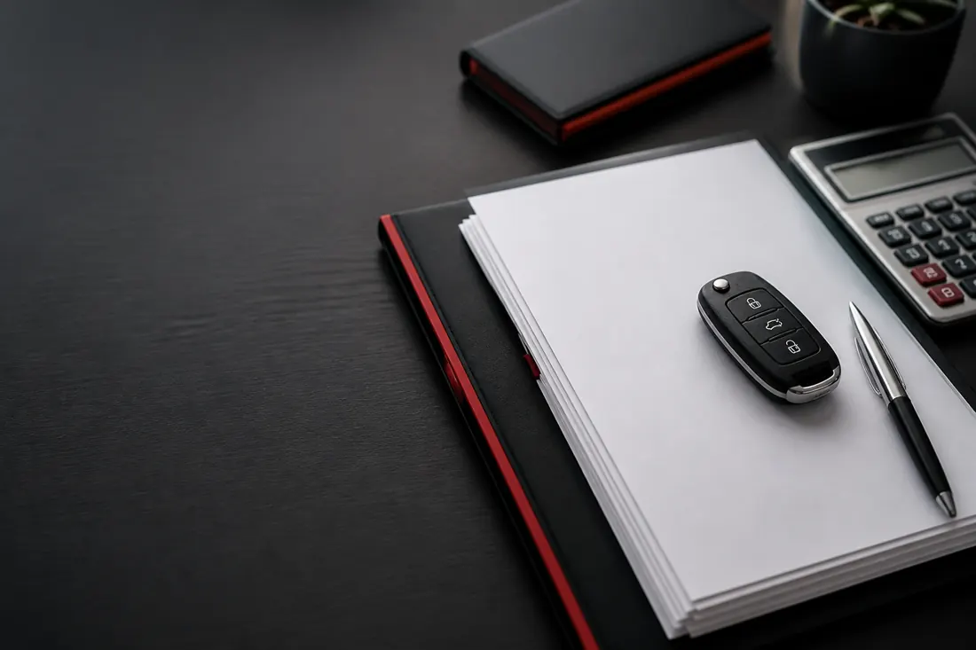 Vehicle finance paperwork, car key, and calculator on a desk