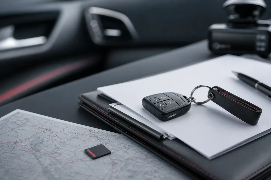 Accident documents and car keys arranged for an insurance enquiry