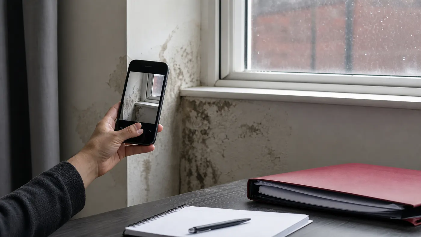 Phone photographing damp damage beside housing paperwork