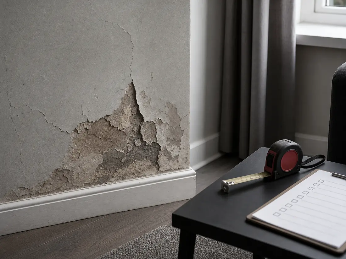 Damaged plaster and disrepair markings on an internal wall